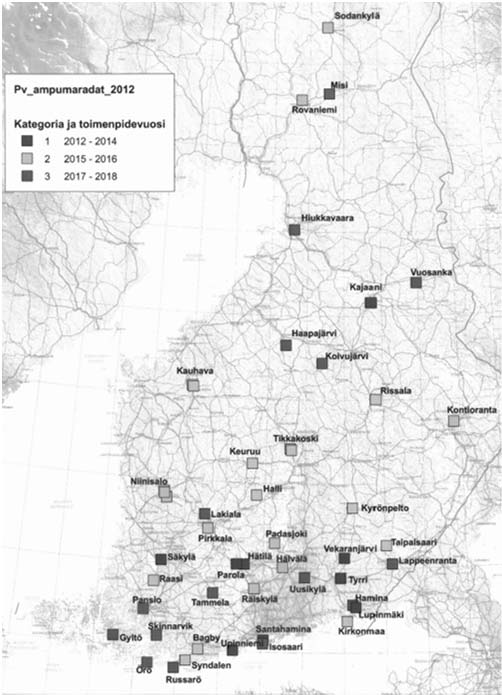 Puolustusvoimien ampumaradat Puolustusvoimilla noin 50 ampumarata-aluetta noin 12 miljoona laukausta vuodessa Ympäristövaikutukset Meluhaitta Haitta-aineiden kulkeutuminen maaperään ja pohjaveteen