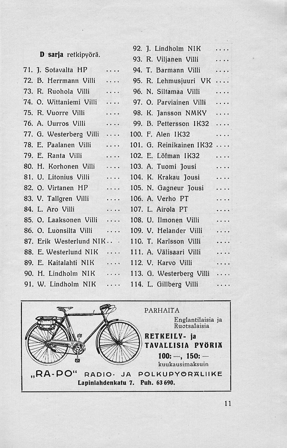 D sarja retkipyörä. 71. J. Sotavalta HP 72. B. Herrmann Villi 73. R. Ruohola Villi 74. O. Wittaniemi Villi 75. R. Vuorre Villi 76. A. Uurros Villi 77. G. Westerberg Villi 78. E. Paalanen Villi 79. E. Ranta Villi 80.