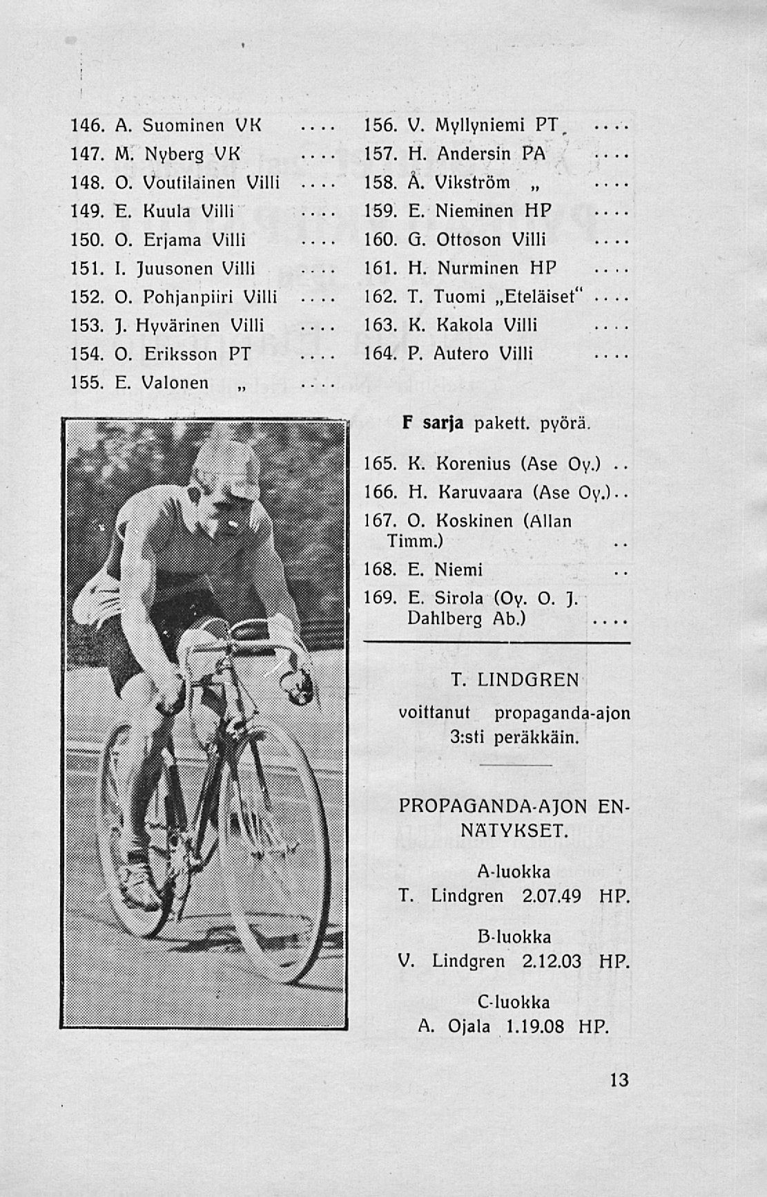 I I 146. A. Suominen VK 147. M. Nyberg VK 148. O. Voutilainen Villi 149. E. Kuula Villi 150. O. Erjama Villi 151. I. Juusonen Villi 152. O. Pohjanpiiri Villi 153. J. Hyvärinen Villi 154. O. Eriksson PT 155.