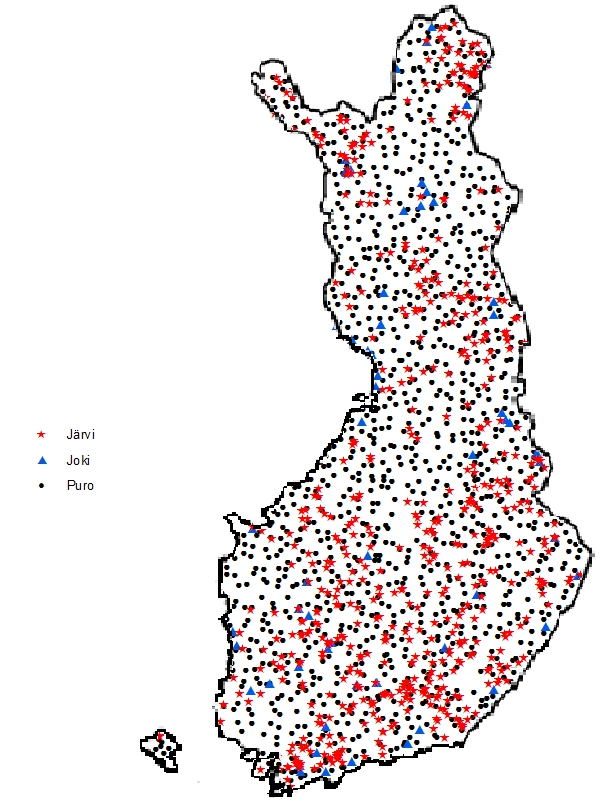 14 Kuva 3. Tutkimuksessa käytetyt analyysi-kohteet ja niiden jakautuminen eri vesistöjen välille. 3.2.