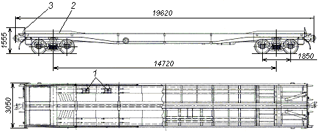 Kuva 2 Matalalaitainen avovaunumalli 13-4095 1 pyörävaste; 2 kääntyvä sivulukko kontinkiinnitystä varten; 3 ohjauslaita; 4 yliajoramppi; 5 kääntyvä päätylukko; 6 pylväs ja kaide Kuva 3