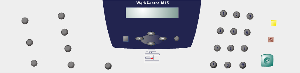 Sivu 4 Ohjaustaulu WorkCentre M15 Toimintonäppäimet Toisto/ Tauko Lyhytvalinta Tilapäisryhmä Käsinvalinta Numeronäppäimistö Start Stop Nollaa/ Nollaa kaikki Virheen merkkivalo Pysäytä PC-tulostus