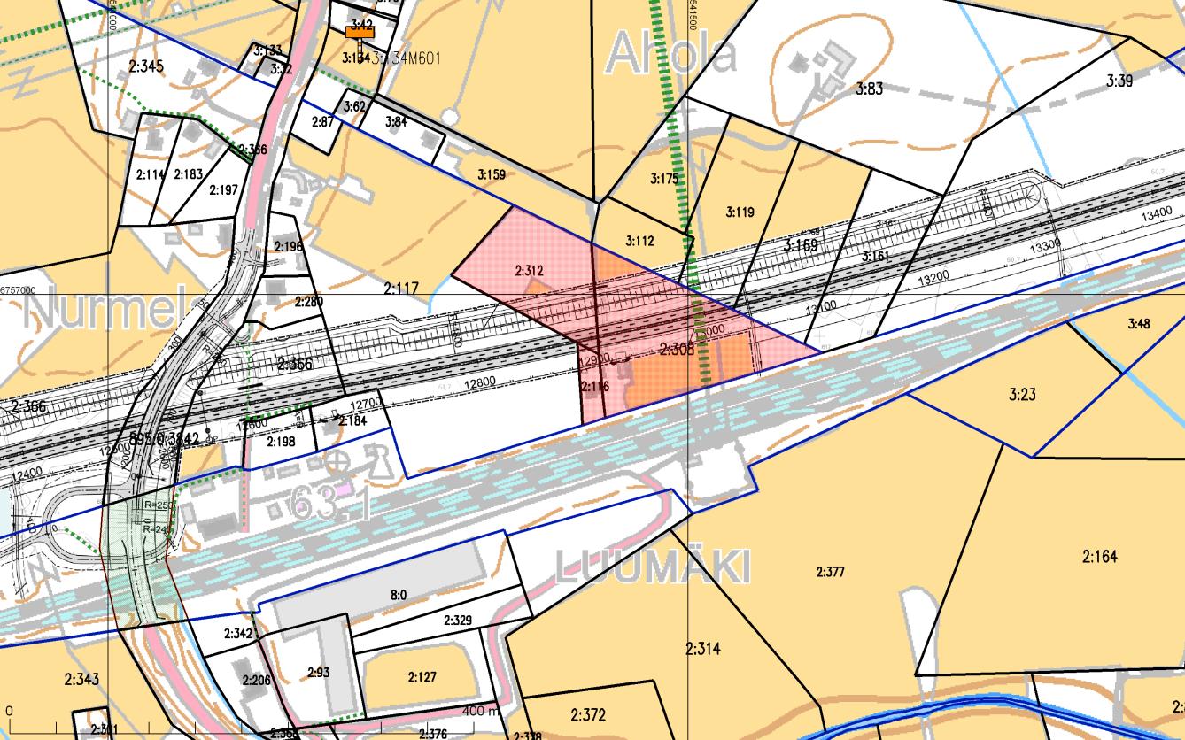 Kohdekortti 6 / Kiinteistöjärjestelysuunnitelma Suoanttilan tien kohta, paaluväli 12800-13300 Luumäen rautatieaseman itäpuolella valtatien ja rautatien väliin jää yksityistä maata.