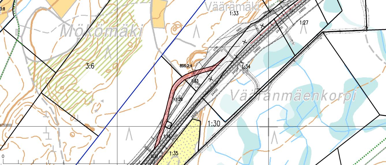 Kohdekortti 13 / Kiinteistöjärjestelysuunnitelma Alueen liittämisiä, paaluvälit 22800-23700 ja 24100-24500 Entisen yleisen tien alueet 884:3:1 sekä vanhan maantien liitännäisalue 896:2:4 jäävät