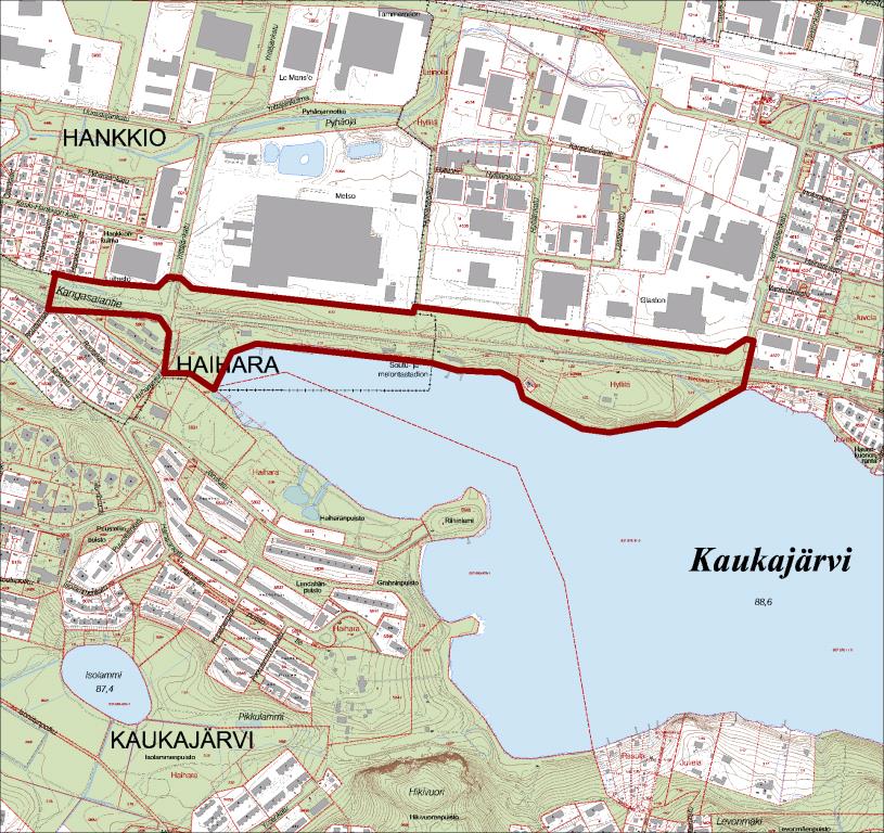 2020-2021 Kaukajärven pohjoisranta Tutkitaan mahdollisuus siirtää Kangasalantie Yrittäjänkadun ja Vehmaistenkadun välillä noin 40 metriä pohjoiseen kiinni teollisuustontteihin.