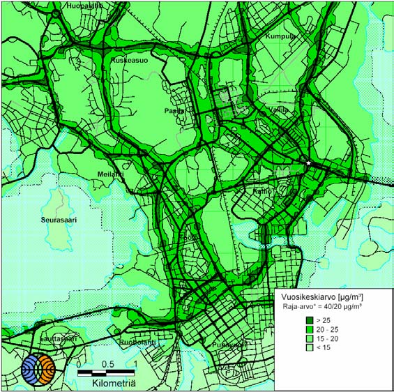 ja Vantaan mittausosastot The NO 2 concentrations compared to the 24h guideline (70µg/m 3, higher