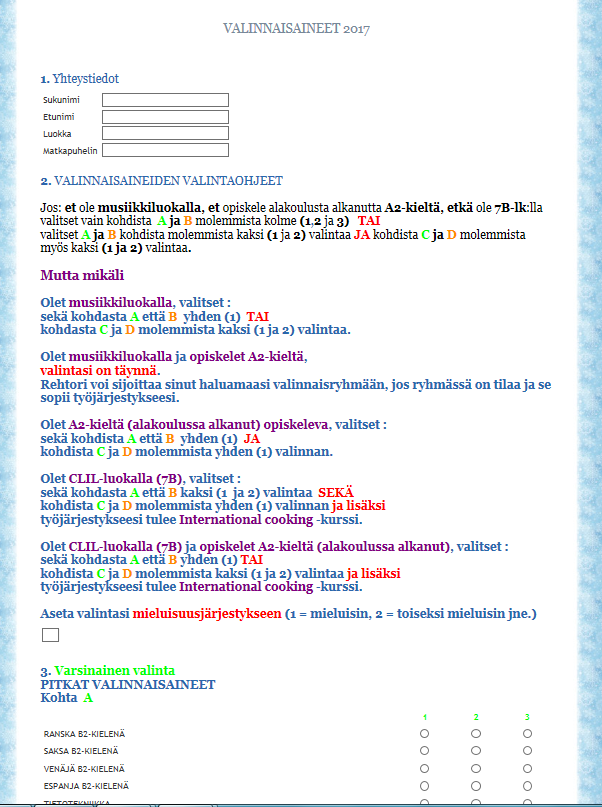SEINÄJOEN LYSEO VALINNAISAINEET 2017 Mallikuva sähköisestä lomakkeesta,