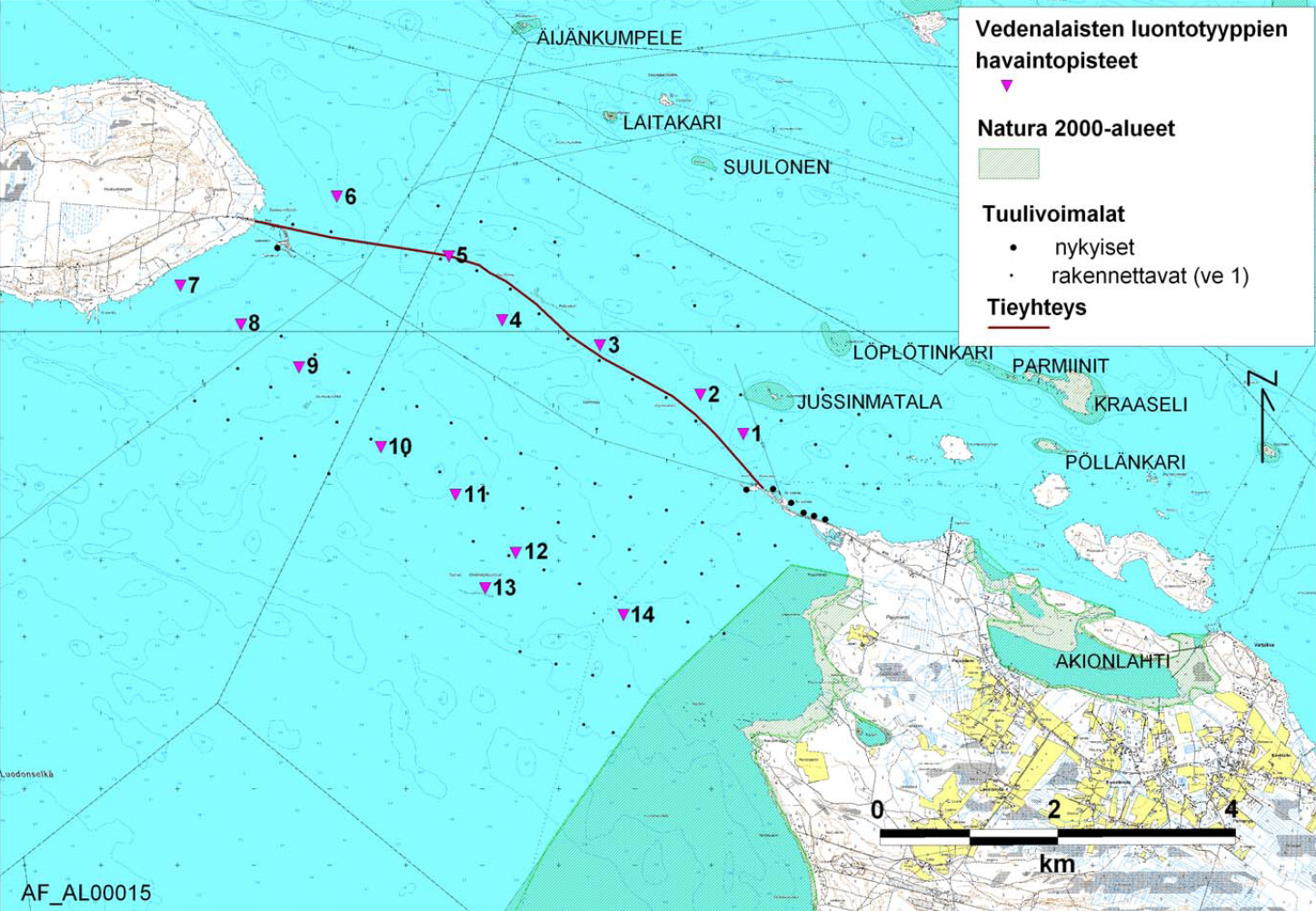 Kuva 3. Vedenalaisten luontotyyppien havaintopisteet, suunniteltu pengertie ja tuulivoimapuiston VE1 tuulivoimalat ( Maanmittauslaitos, lupa nro 216/MML/09).