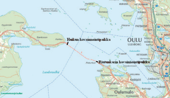 Kuva 4. Kevät- ja syysmuuton havainnointipaikat (kuva: Suomen Luontotieto Oy 33/2009, s.11) (Pohjakartta Affecto Finland Oy, Karttakeskus, Lupa L8586/10).