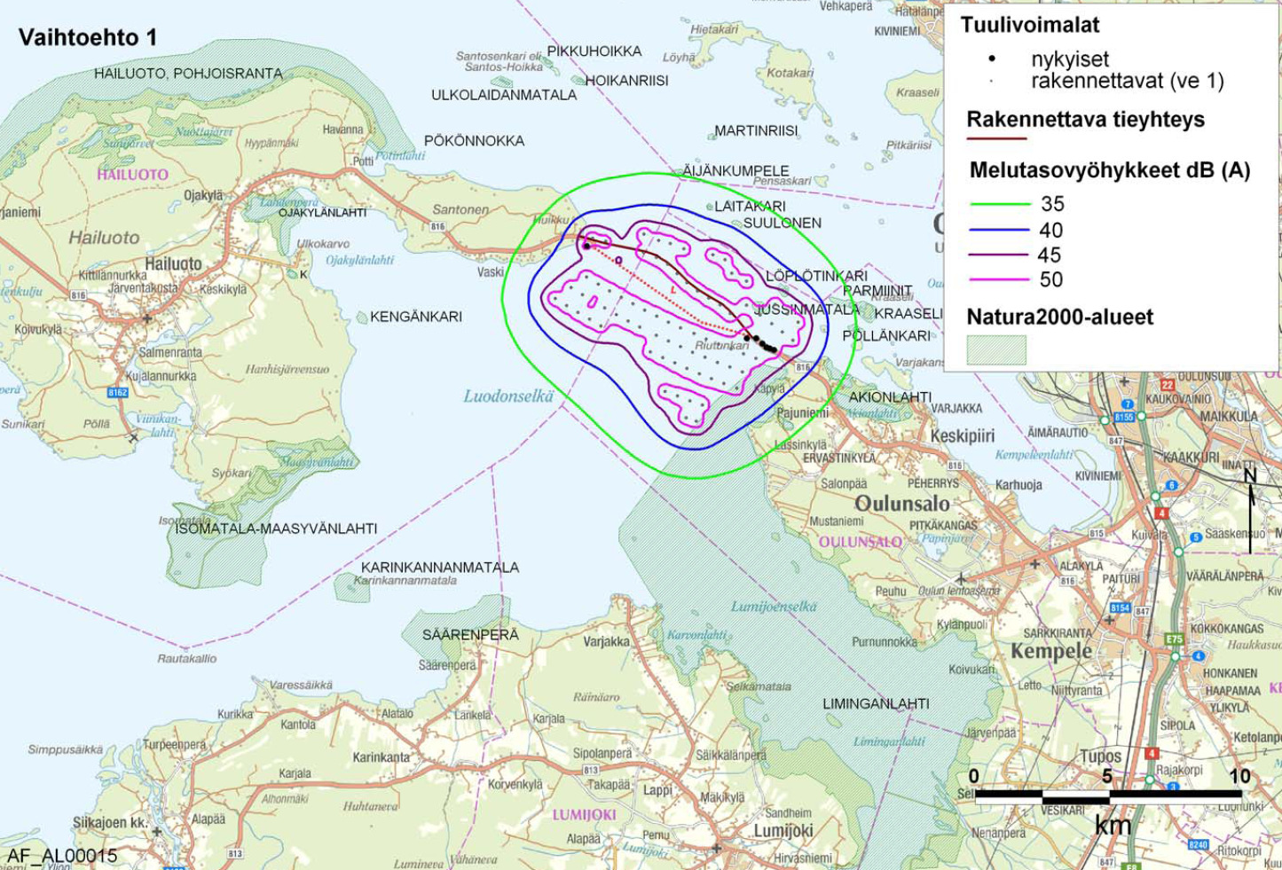 Melu Melumallinnuksen mukaan suurimmat melutasot ovat aivan tuulivoimalan lähiympäristössä (55 db).