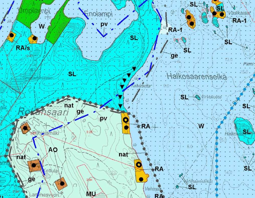 Itäosien yleiskaavan muutos 7 Kuva: Ote Lietvesi-Suur-Saimaa osayleiskaavasta Rokansaaren muutoksen osalta. Siirrettävät rakennuspaikat sijaitsevat luonnonsuojelualueella (SL).