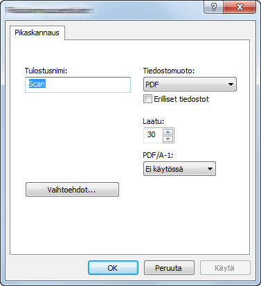 Järjestelmävalikko ja KYOCERA Client Tool > Tietokoneen oletusasetus (KYOCERA Client Tool) Pikaskannausasetukset 3 4 5 Nro Kohde Kuvaus Tulostusnimi Määritä skannatuille kuville asiakirjan nimi.