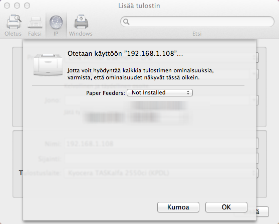 Koneen asennus ja asetukset > Ohjelmiston asennus 4 Määritä tulostin. Avaa ikkuna. Napsauta IP-kuvaketta IP-yhteyden luomiseksi ja syötä IP-osoite ja tulostimen nimi.