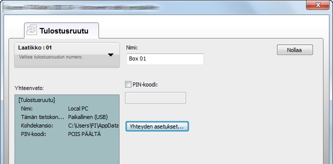 Koneen asennus ja asetukset > Ohjelmiston asennus 3 Määritä asetukset. Valitse tulostuslaatikon numero ( - 30). Anna tulostuslaatikolle nimi. Kirjoita enintään 6 merkkiä pitkä nimi.