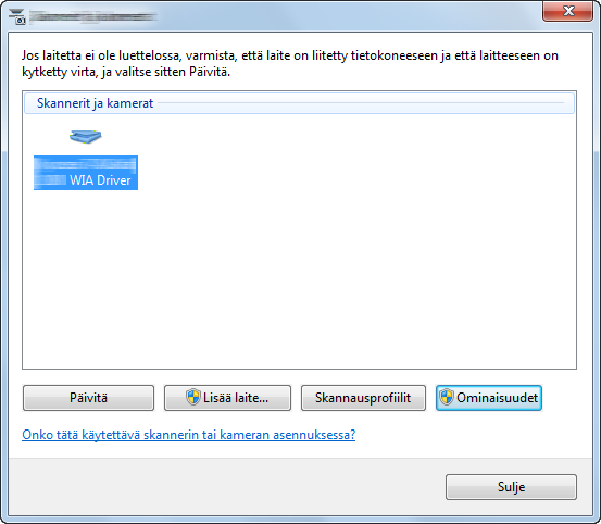 Koneen asennus ja asetukset > Ohjelmiston asennus WIA-ajurin asetus Tallenna tämä kone WIA-ajuriin. Ohjeet perustuvat Windows 7 käyttöliittymään. Avaa näyttö.