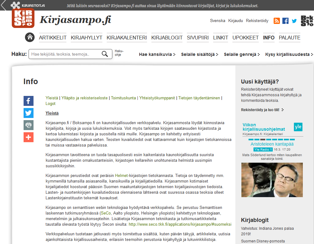 Hankeraportti 10(14) Kuva 4. Kirjasampo.fi-verkkopalvelun informaatiosivu. Hankkeen lopuksi käytiin lävitse Pakkalan kirjailijatiedot Wikipediasta.