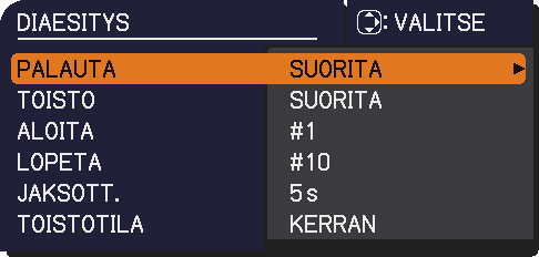 Esitystyökalut Esitys ILMAN PC:TÄ (jatkuu) Voit toteuttaa Diaesityksen haluamallasi konfiguraatiolla. Konfiguroi DIAESITYS-kohdat PIKKU KUVA-kohteessa. 1) PALAUTA : Palaa pikkukuva-tilaan.