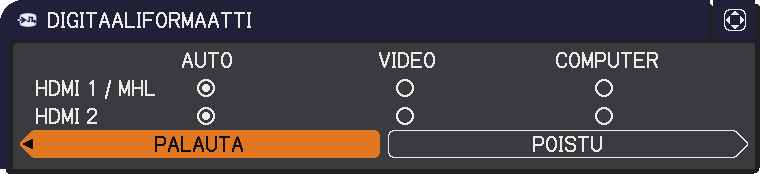 LIITÄNNÄT-valikko Kohta VIDEOFORM. DIGITAALIFORMAATTI DIGITAALIALUE Kuvaus VIDEO IN-portin videomuoto voidaan määrittää. Valitse videoformaatin muoto / painikkeilla.