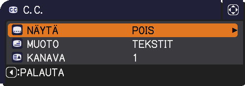 KUVARUUTU-valikko Kohta C.C. (Tekstiys) Kuvaus C.C. on toiminto, jolla näytetään videon, tiedostojen tai jonkun muun esityksen ääniosuuden tekstitys.