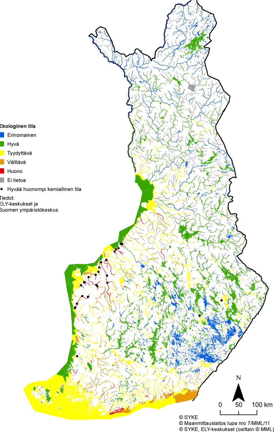 Pintavesien luokittelu (data ~2000-2007 vs. NYT) Pohjois-Suomi: Paljon luokittelemattomia = ongelmattomia kala-hg ei ylity (vaikka paljon kirkkaita) (poliittinen ero Ruotsiin edelleen?