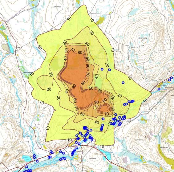PÖLY - RAKENTAMINEN Kuvassa: Hannukaisen kaivosalueen rakentamisen aiheuttamat ilmanlaadun ohjearvoon verrattavat,
