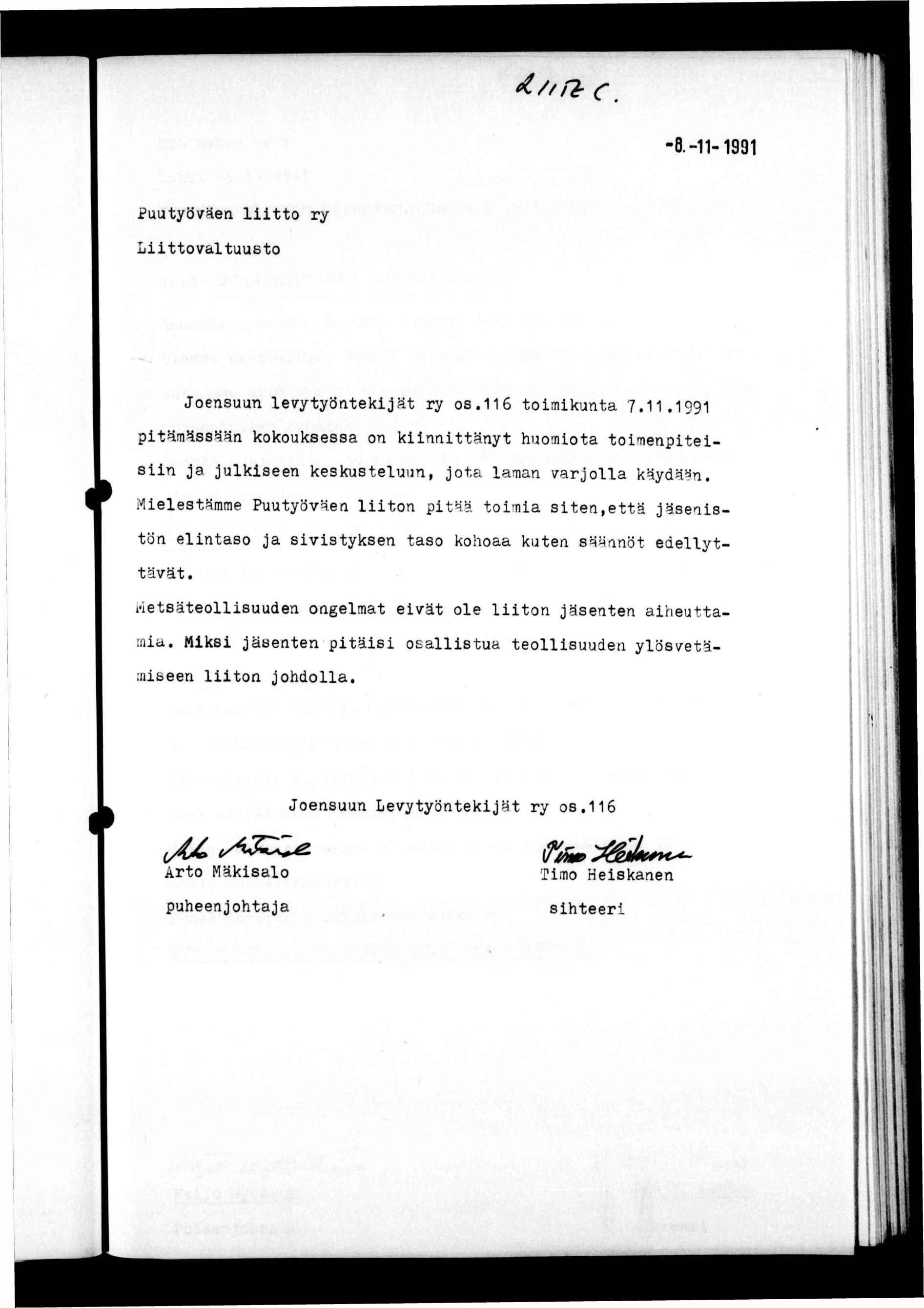 r -8.-11-1991 Puutyöväen ltto ry Lttovaltuusto Joensuun levytyöntekjät ry os.116 tomkunta 7.