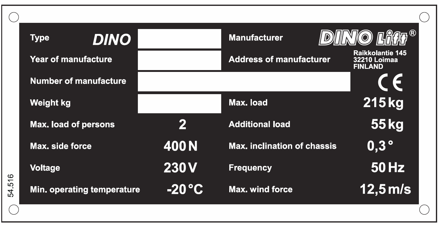 4 TEKNISET TIEDOT Max. työskentelykorkeus 13,5 m Max. lavakorkeus 11,5 m Max.