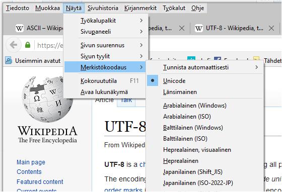 8-bittinen koodaus jatkoa ISO-8859-1 (ISO-Latin-1) koodaus eroaa merkkien 128-159 osalta Windows- 1252 koodauksesta Unicode (UTF-8, UTF-16, UTF-32)