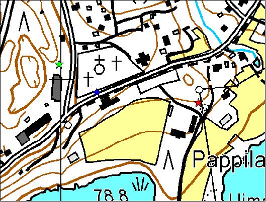 Kuva 3. Keltamataran (vihreä tähti), ketonoidanlukon (sininen tähti) ja ketoneilikan (punainen tähti) esiintymien sijainti. Mittakaava: 1:4 000.