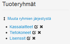 11/41 3 TUOTTEET Tuotteet näkymässä näet listan kauppasi tuotteista ja tuoteryhmistä. Oletusnäkymä listaa kaikki verkkokaupan tuotteet.