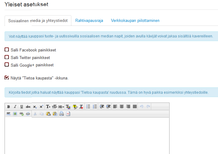 31/41 7.1 Yleiset asetukset Yleiset asetukset sivulla voit muokata verkkokaupassa näkyvien sosiaalisen median painikkeiden näkyvyyttä.