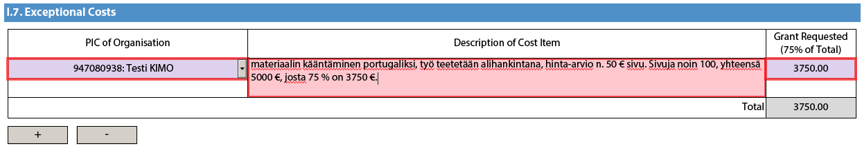 7. Poikkeukselliset kustannukset (Exceptional costs) Työsuunnitelmassa ja budjettitaulukossa perustellut alihankinnat: Esim.