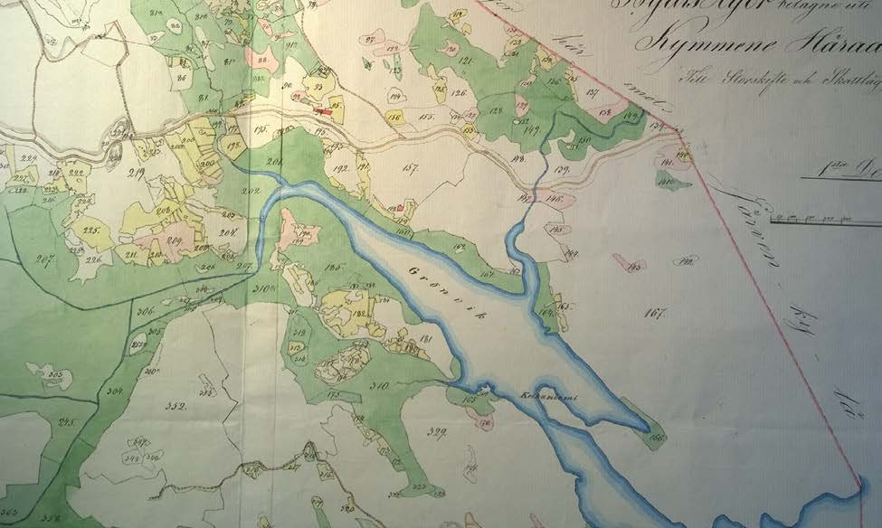 Ote vuoden 1833 isojakokartasta. Lähde: Kansallisarkisto, Maanmittaushallituksen uudistusarkisto, Virolahti, Sydänkylä, G22:12/1-8. J. Gahnberg 1833.