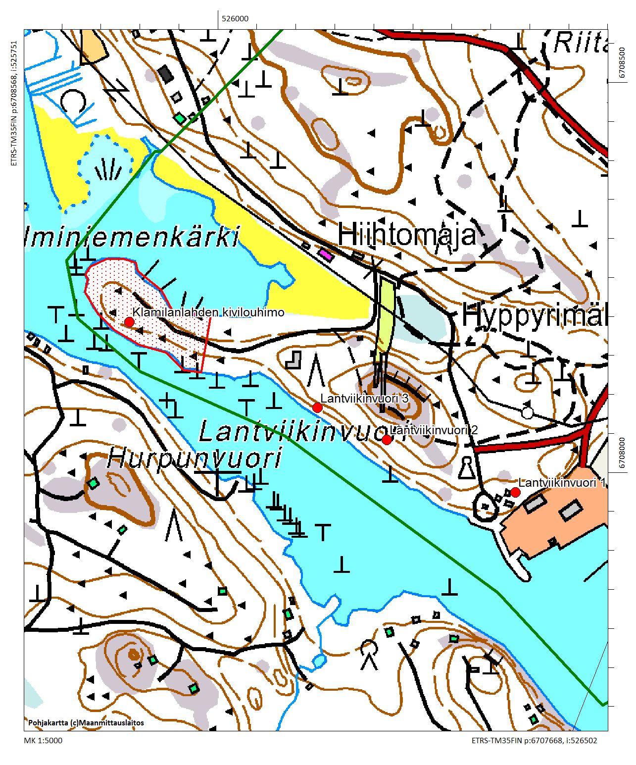 Klamilanlahden kivilouhimon lähistön kohteet 1:5000.