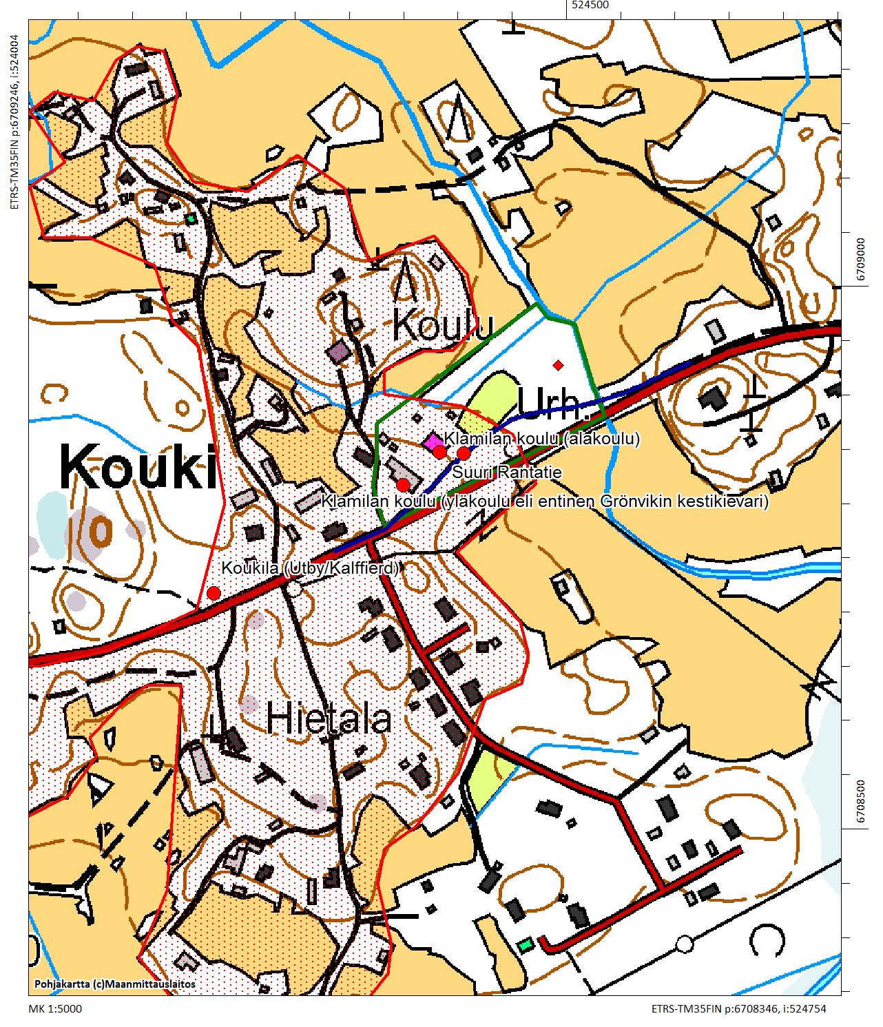 Klamilan vanhan koulun lähistön kohteet 1:5000.