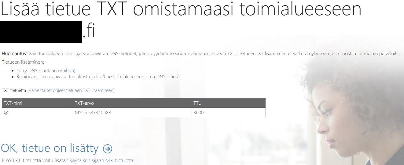 18 Kuva 7. Uuden toimialueen lisääminen Office 365 -palveluun hallintaportaalin kautta. Toimialueen lisääminen on selkeästi opastettu, ja se aloitetaan kirjoittamalla halutun toimialueen nimi.