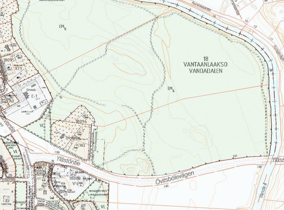 Voimassa oleva asemakaava 18096 AO E-1 EM/k Y/s VL W Korttelin numero. Erillispientalojen korttelialue. Opetustoiminnan ja sitä palvelevien majoitusrakennusten korttelialue. Maisemanhoitoalue.