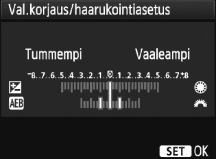 h Automaattivalotuksen haarukointi (AEB)N Muuttamalla valotusaikaa tai aukkoa automaattisesti kamera haarukoi valotusta enintään ±3 yksikköä 1/3-yksikön välein kolmessa peräkkäisessä otoksessa.