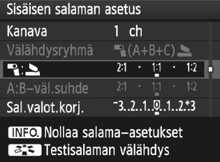 Langattoman salaman käyttäminenn Täysautomaattinen kuvaus yhdellä ulkoisella Speedlitella ja sisäisellä salamalla Sisätiloissa Ulkona Noin 7 m 80º Noin 10 m Noin 5 m Noin 7 m Ohessa kuvataan täysin