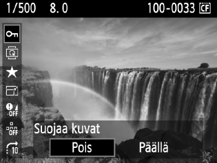 Q Pikavalinnat toiston aikana Voit määrittää toiston aikana seuraavat asetukset painamalla <Q>-painiketta: [K: Suojaa kuvat], [b: Kuvan kääntö], [ 9: Luokitus], [S: Muuta kokoa] (Vain JPEG-kuva), [ :