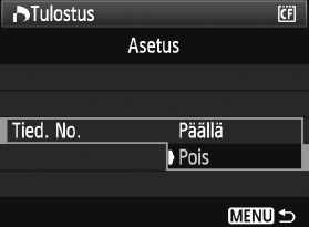 W Digital Print Order Format (DPOF) Määritä tulostustapa, päiväys- ja kuvanumeroasetukset. Tulostusasetukset koskevat kaikkia DPOF-toiminnolla tulostettavia kuvia.