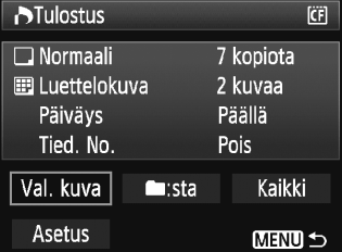 W Digital Print Order Format (DPOF) Tulostuksen tilaus Val. kuva Määrä Kuvia valittu yhteensä Valintamerkki Luettelokuvan kuvake Valitse ja tilaa kuvat yksi kerrallaan.