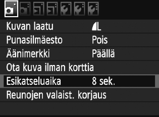 3 Valikkotoiminnot Valikkoasetusten määrittäminen 1 2 3 Avaa valikko. Avaa valikko painamalla <M>painiketta. Valitse välilehti. Valitse välilehti kääntämällä <6>valitsinta. Valitse haluamasi asetus.