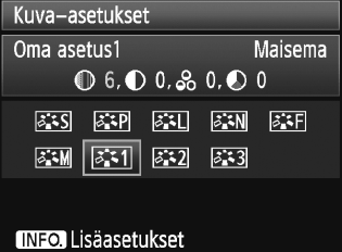 A Kuva-asetuksen tallentaminenn 6 Määritä parametri. Säädä parametri mieleiseksesi <5>valitsimella ja paina sitten <0>painiketta. Lisätietoja on kohdassa "Kuvaasetuksen mukauttaminen" sivuilla 68 69.