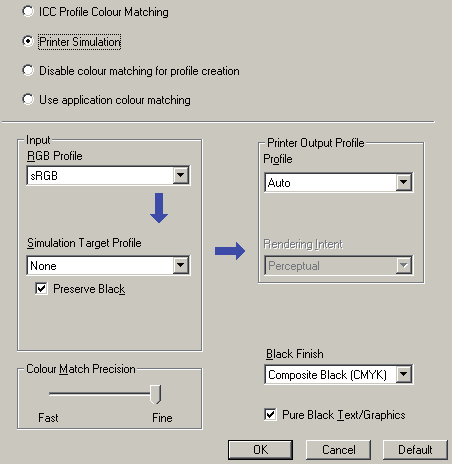 Muun tulostimen simuloiminen edellyttää, että monitoimilaitteeseen ladataan Profile Assistant -apuohjelmalla vähintään kaksi seuraavista profiileista: > RGB-lähdeprofiili > simulointikohteen profiili