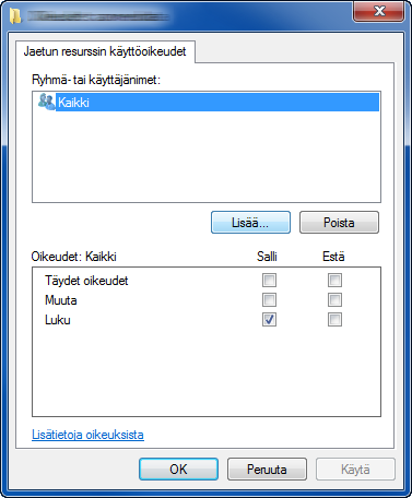 Valmistelut ennen käyttöä > Asiakirjan lähetyksen valmistelu tietokoneen jaettuun kansioon 2 Määritä lupa-asetukset.