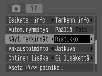 106 Näyttömerkintöjen määrittäminen Käytettävissä olevat kuvaustilat s.