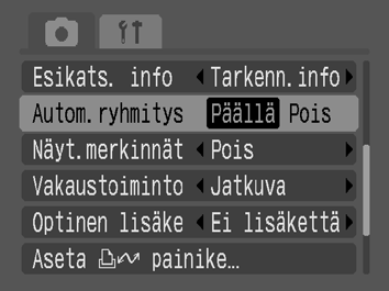 107 Kuvien automaattinen ryhmitys (Autom.ryhmitys) Käytettävissä olevat kuvaustilat s.