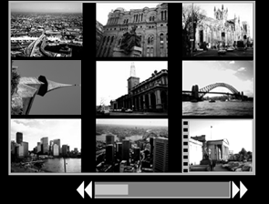 111 Kuvien katseleminen yhdeksän kuvan ryhminä (Luettelokuvan toistotila) 1 Siirrä zoomausvipua kohti -merkkiä. Luettelokuvan toistotilassa voit katsella samanaikaisesti enintään yhdeksää kuvaa.
