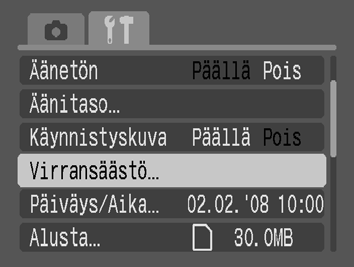 139 Kameran säädöt Virransäästötoiminto Kamerassa on virransäästötoiminto, joka kytkee virran tai nestekidenäytön automaattisesti pois päältä. Autom.